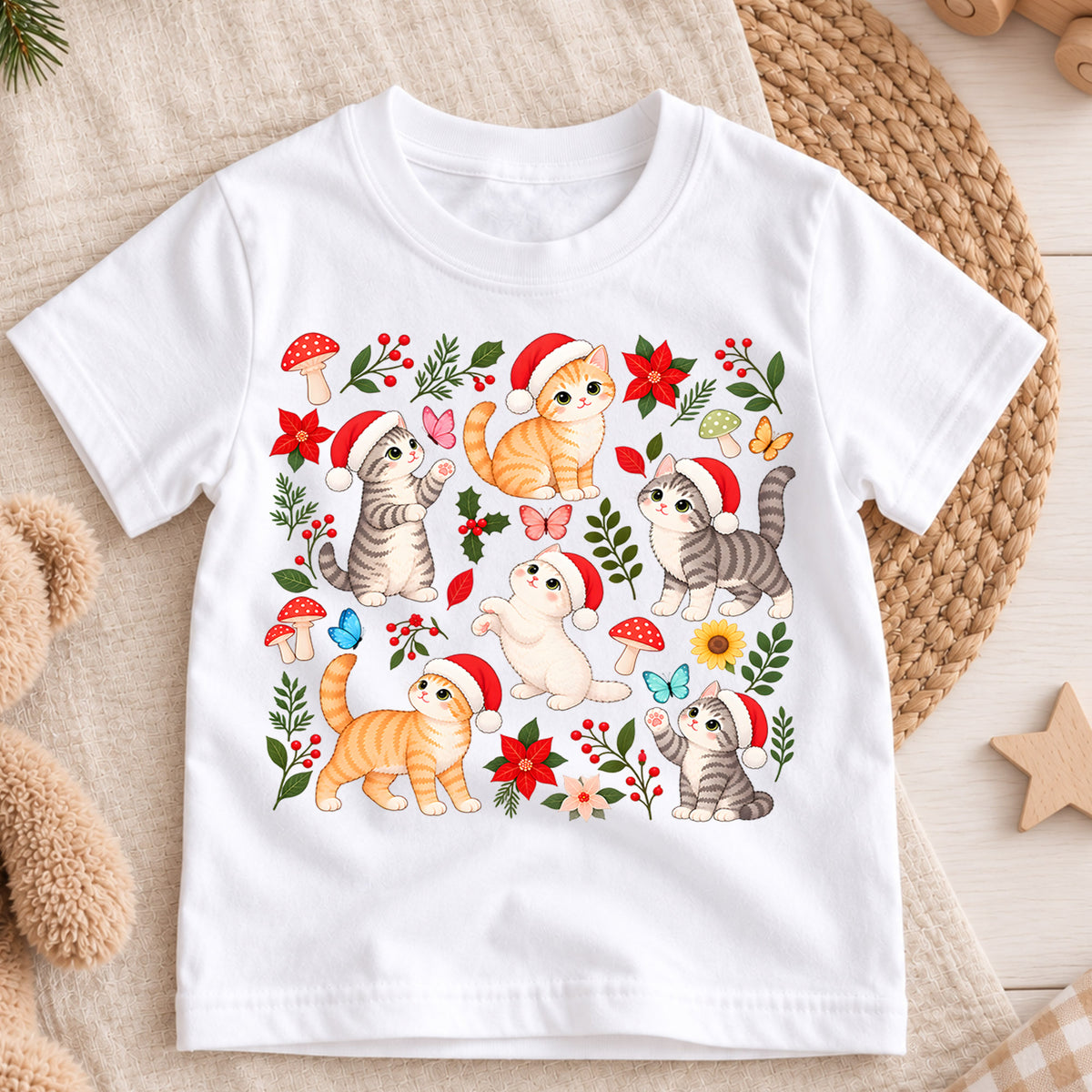 Christmas Cat Kids Shirt, Santa Hat Kittens Tee, Cute Botanical Cat Christmas T Shirt, Holiday Gift for Cat Lovers — product view 3