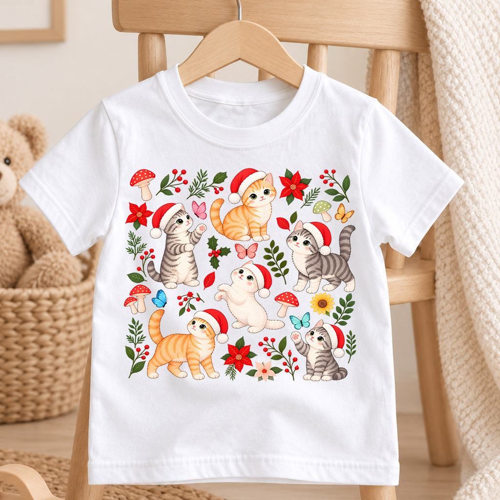 Christmas Cat Kids Shirt, Santa Hat Kittens Tee, Cute Botanical Cat Christmas T Shirt, Holiday Gift for Cat Lovers — product view 4