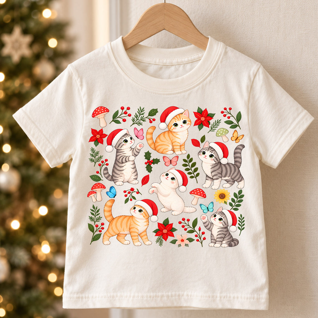 Christmas Cat Kids Shirt, Santa Hat Kittens Tee, Cute Botanical Cat Christmas T Shirt, Holiday Gift for Cat Lovers — product view 5
