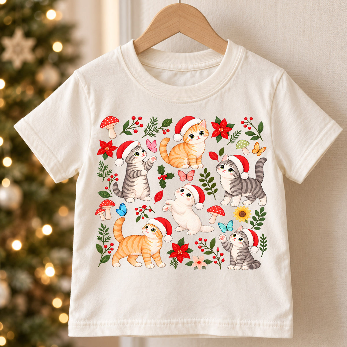 Christmas Cat Kids Shirt, Santa Hat Kittens Tee, Cute Botanical Cat Christmas T Shirt, Holiday Gift for Cat Lovers — product view 5