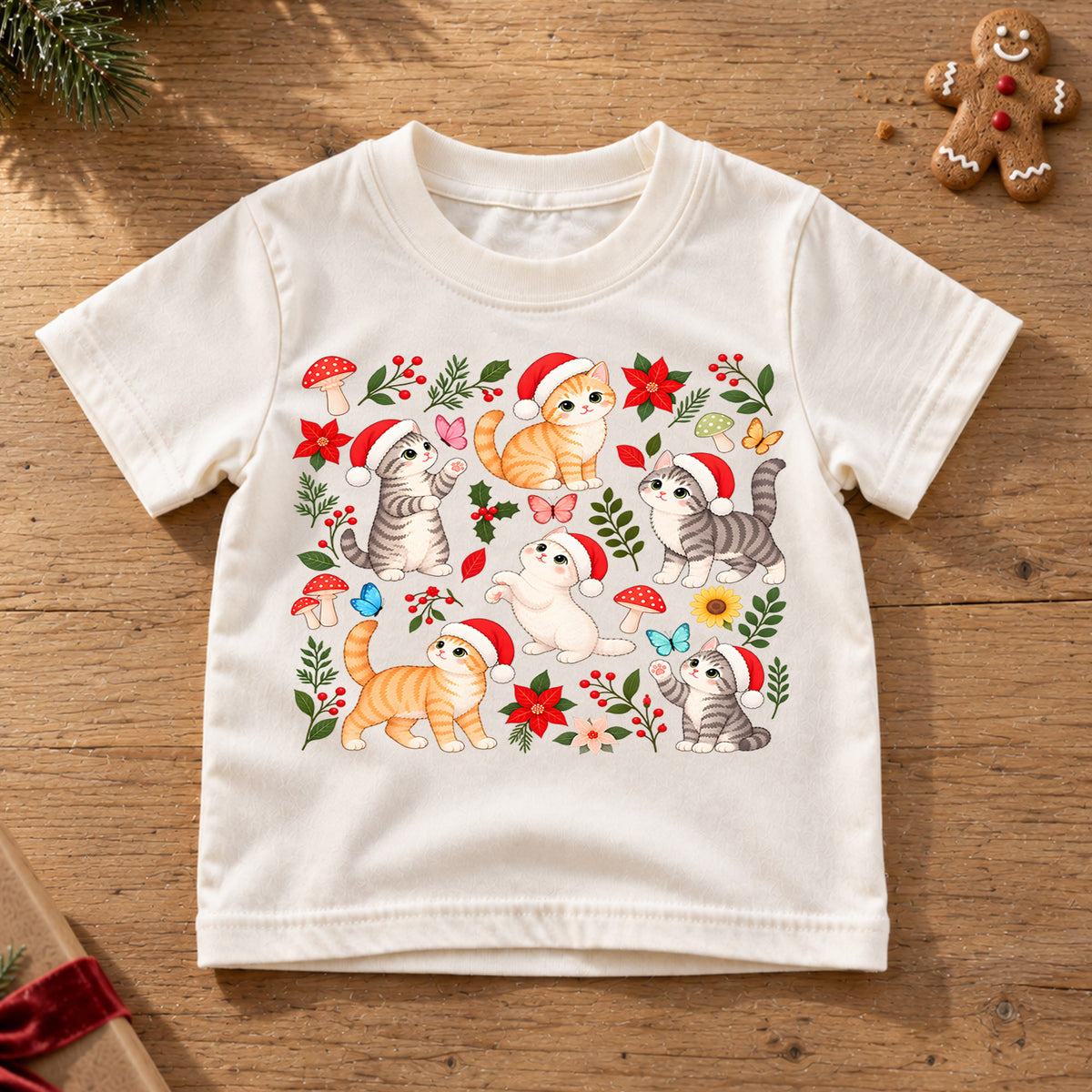Christmas Cat Kids Shirt, Santa Hat Kittens Tee, Cute Botanical Cat Christmas T Shirt, Holiday Gift for Cat Lovers — product view 6