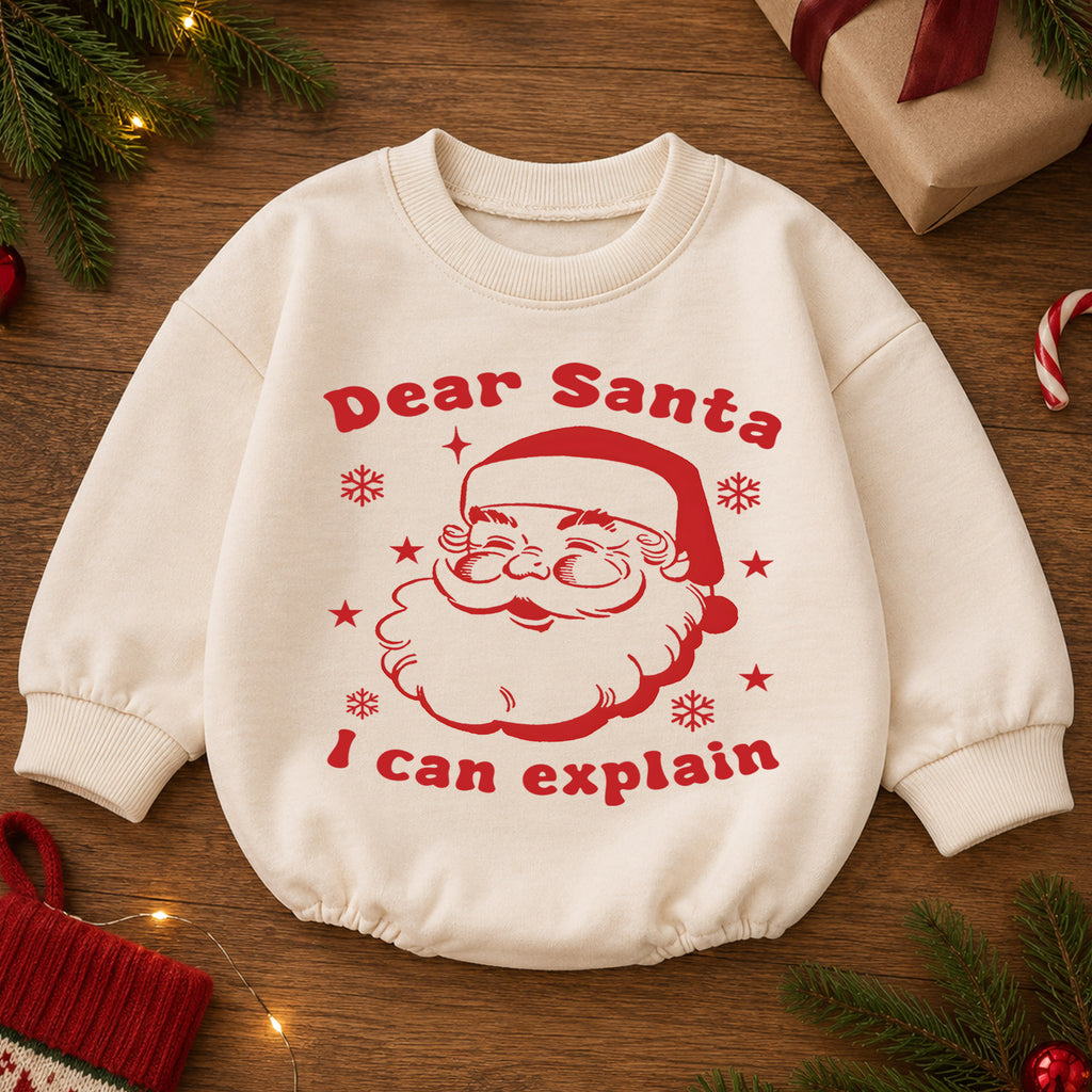 Dear Santa I Can Explain Baby Christmas Romper, Vintage Santa Baby Holiday Romper, Funny Toddler Christmas Outfit Gift — product view 2