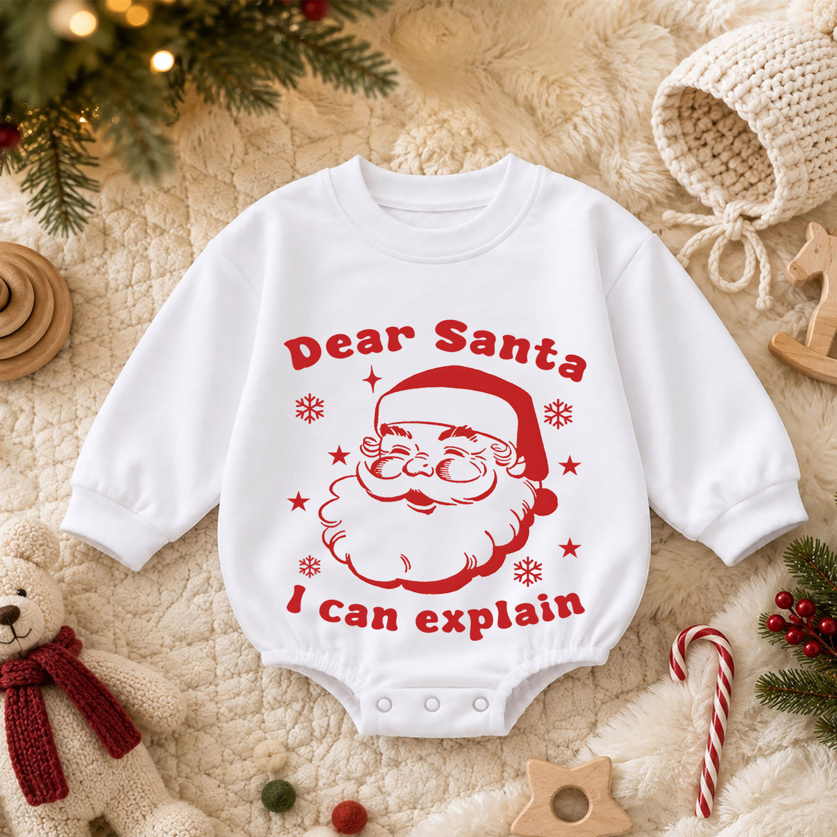 Dear Santa I Can Explain Baby Christmas Romper, Vintage Santa Baby Holiday Romper, Funny Toddler Christmas Outfit Gift — product view 3