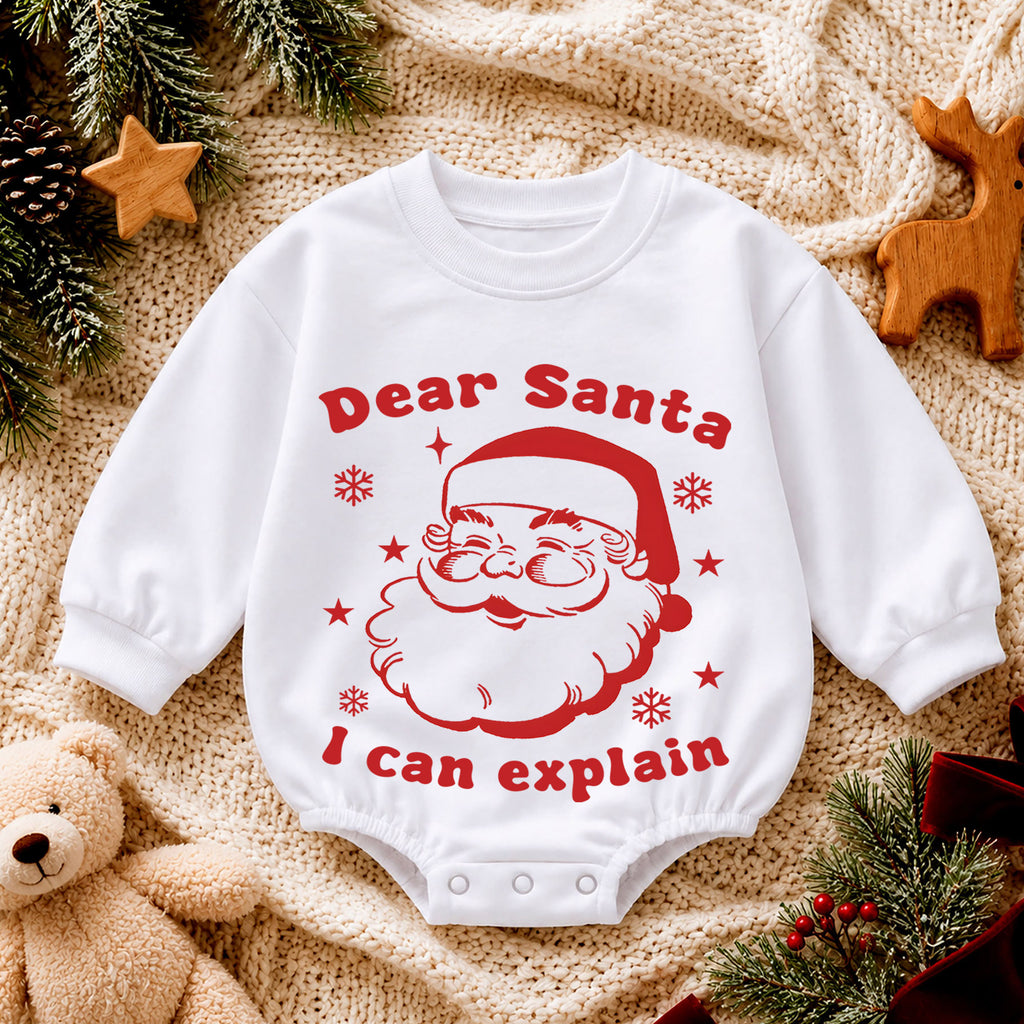 Dear Santa I Can Explain Baby Christmas Romper, Vintage Santa Baby Holiday Romper, Funny Toddler Christmas Outfit Gift — product view 4