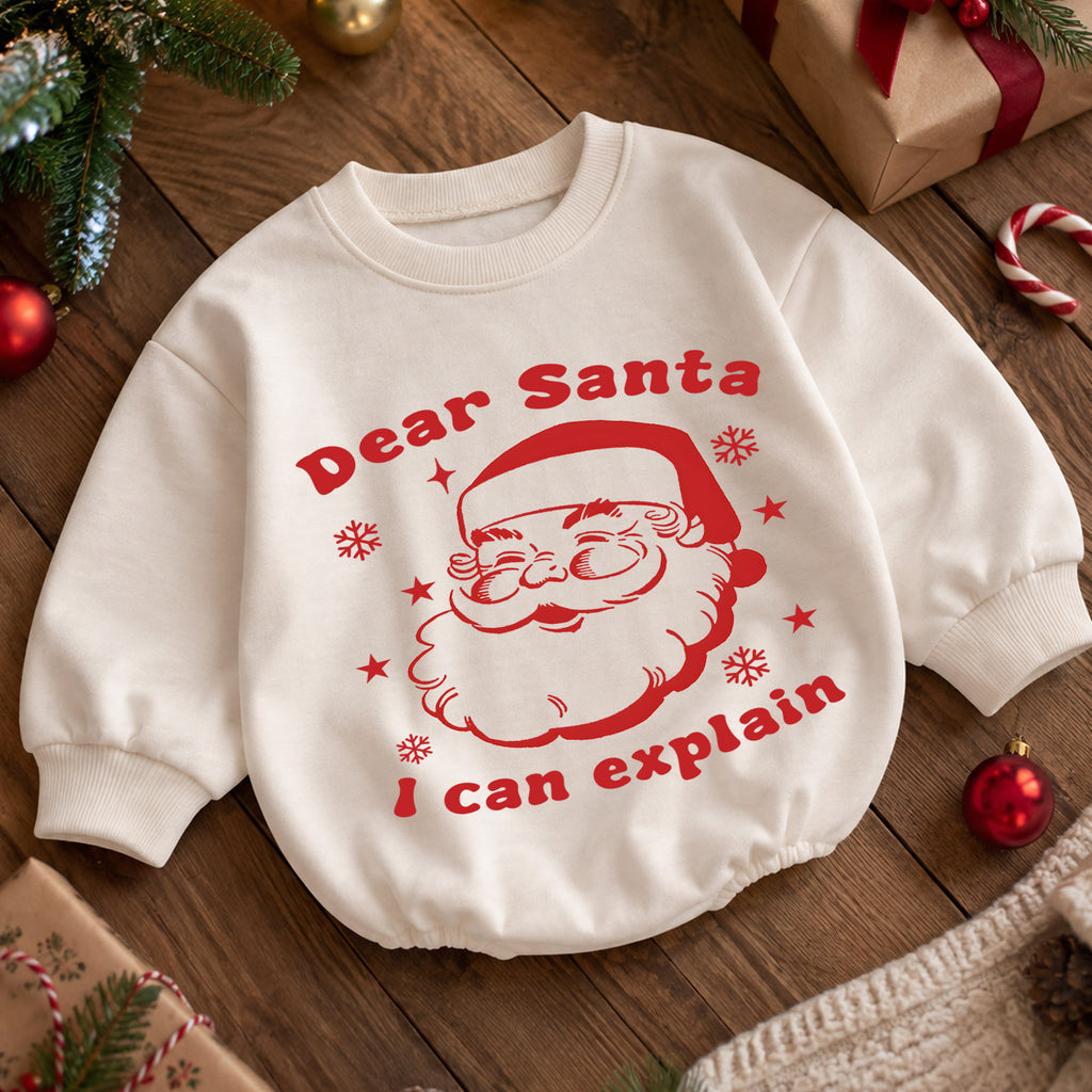 Dear Santa I Can Explain Baby Christmas Romper, Vintage Santa Baby Holiday Romper, Funny Toddler Christmas Outfit Gift — product view 5