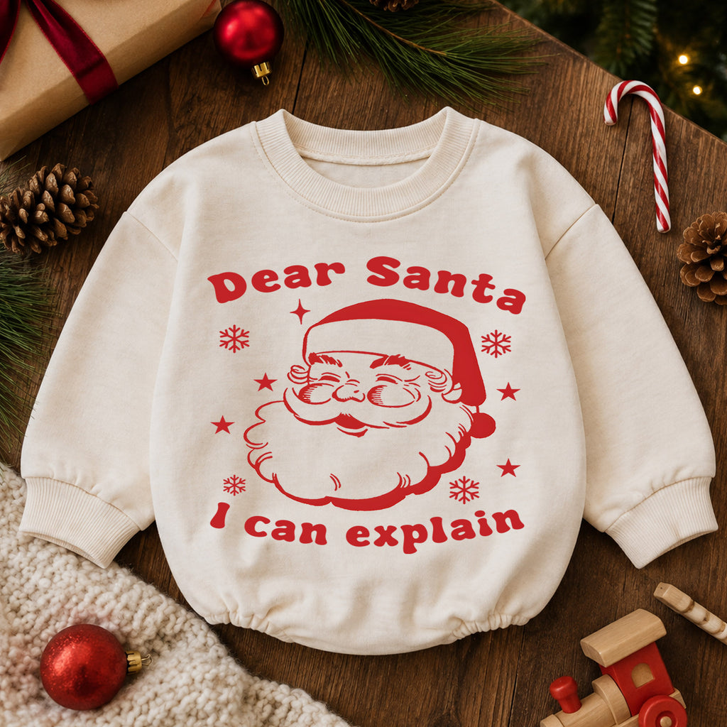 Dear Santa I Can Explain Baby Christmas Romper, Vintage Santa Baby Holiday Romper, Funny Toddler Christmas Outfit Gift — product view 6