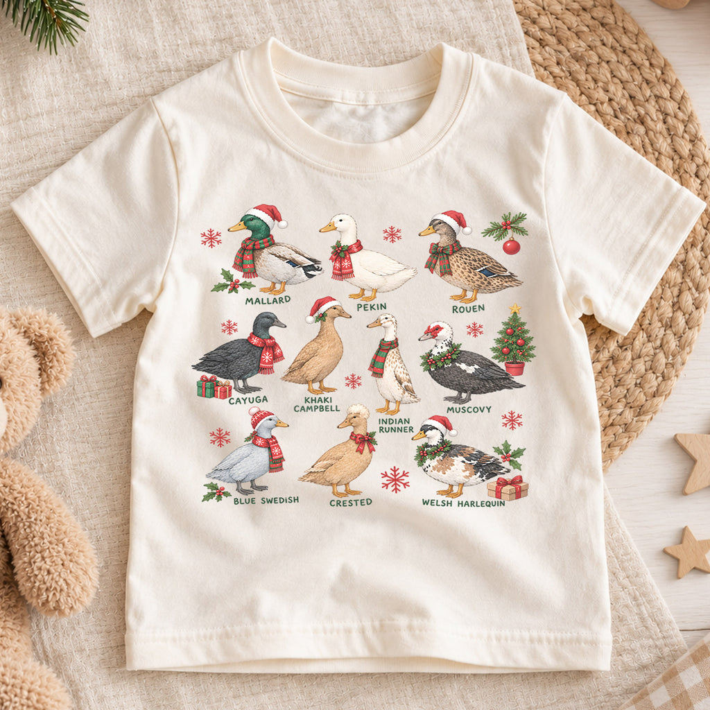 Christmas Duck Breeds Kids Shirt, Duck Lover Holiday Tee, Mallard Pekin Muscovy Christmas T Shirt, Farm Animal Gift — product view 1