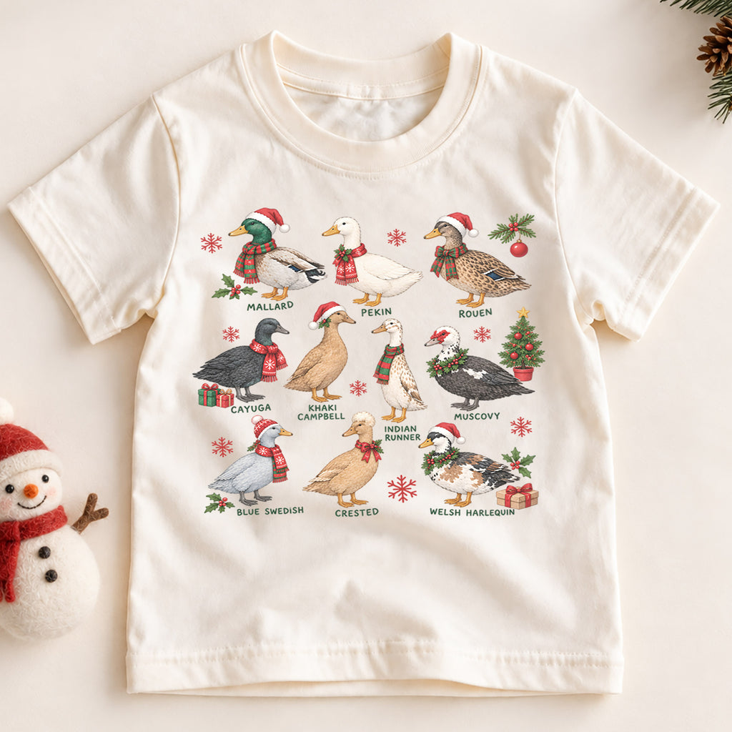 Christmas Duck Breeds Kids Shirt, Duck Lover Holiday Tee, Mallard Pekin Muscovy Christmas T Shirt, Farm Animal Gift — product view 2