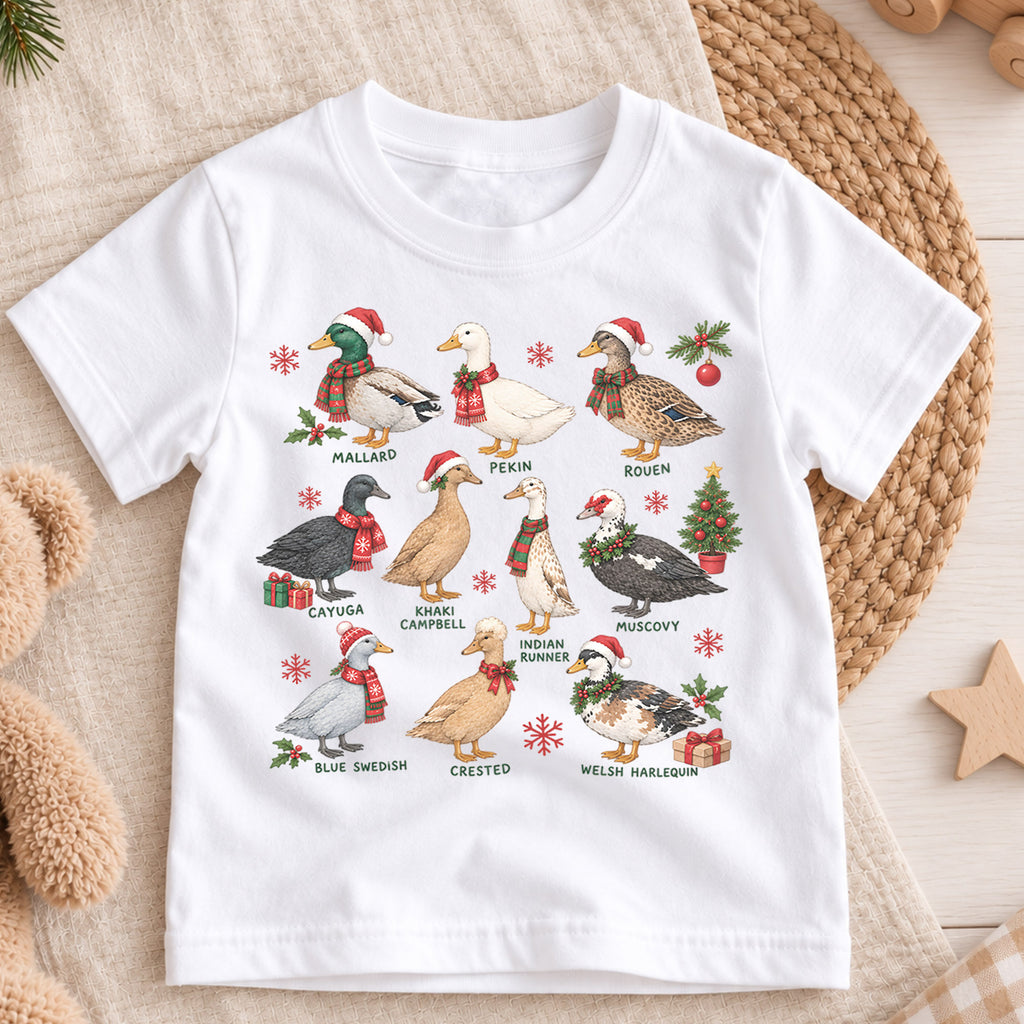 Christmas Duck Breeds Kids Shirt, Duck Lover Holiday Tee, Mallard Pekin Muscovy Christmas T Shirt, Farm Animal Gift — product view 3