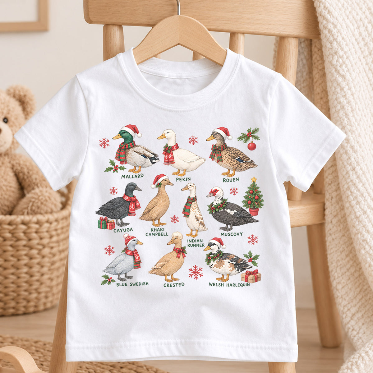 Christmas Duck Breeds Kids Shirt, Duck Lover Holiday Tee, Mallard Pekin Muscovy Christmas T Shirt, Farm Animal Gift — product view 4