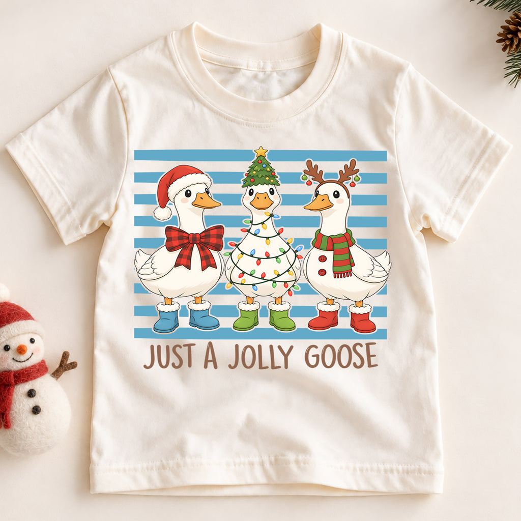 Just a Jolly Goose Kids Christmas Shirt, Funny Goose Holiday Tee, Christmas Goose T Shirt, Silly Goose Xmas Gift — product view 2