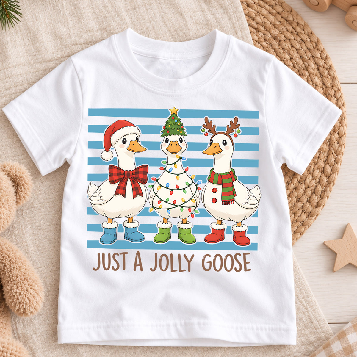 Just a Jolly Goose Kids Christmas Shirt, Funny Goose Holiday Tee, Christmas Goose T Shirt, Silly Goose Xmas Gift — product view 3