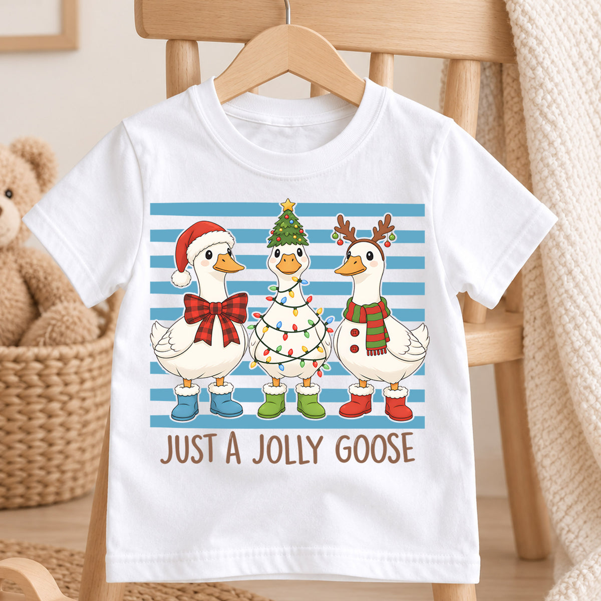 Just a Jolly Goose Kids Christmas Shirt, Funny Goose Holiday Tee, Christmas Goose T Shirt, Silly Goose Xmas Gift — product view 4