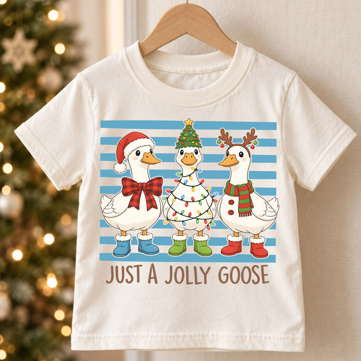Just a Jolly Goose Kids Christmas Shirt, Funny Goose Holiday Tee, Christmas Goose T Shirt, Silly Goose Xmas Gift — product view 5