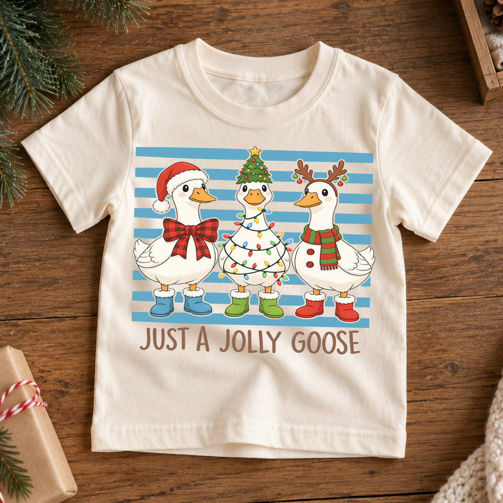 Just a Jolly Goose Kids Christmas Shirt, Funny Goose Holiday Tee, Christmas Goose T Shirt, Silly Goose Xmas Gift — product view 7