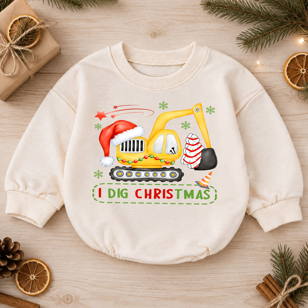 Baby Christmas Romper, I Dig Christmas Excavator Outfit, Cute Construction Holiday Romper, Toddler 1st Christmas Gift for Boys — product view 1