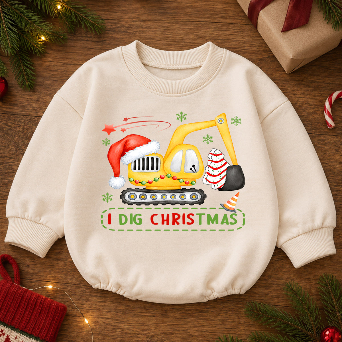 Baby Christmas Romper, I Dig Christmas Excavator Outfit, Cute Construction Holiday Romper, Toddler 1st Christmas Gift for Boys — product view 2