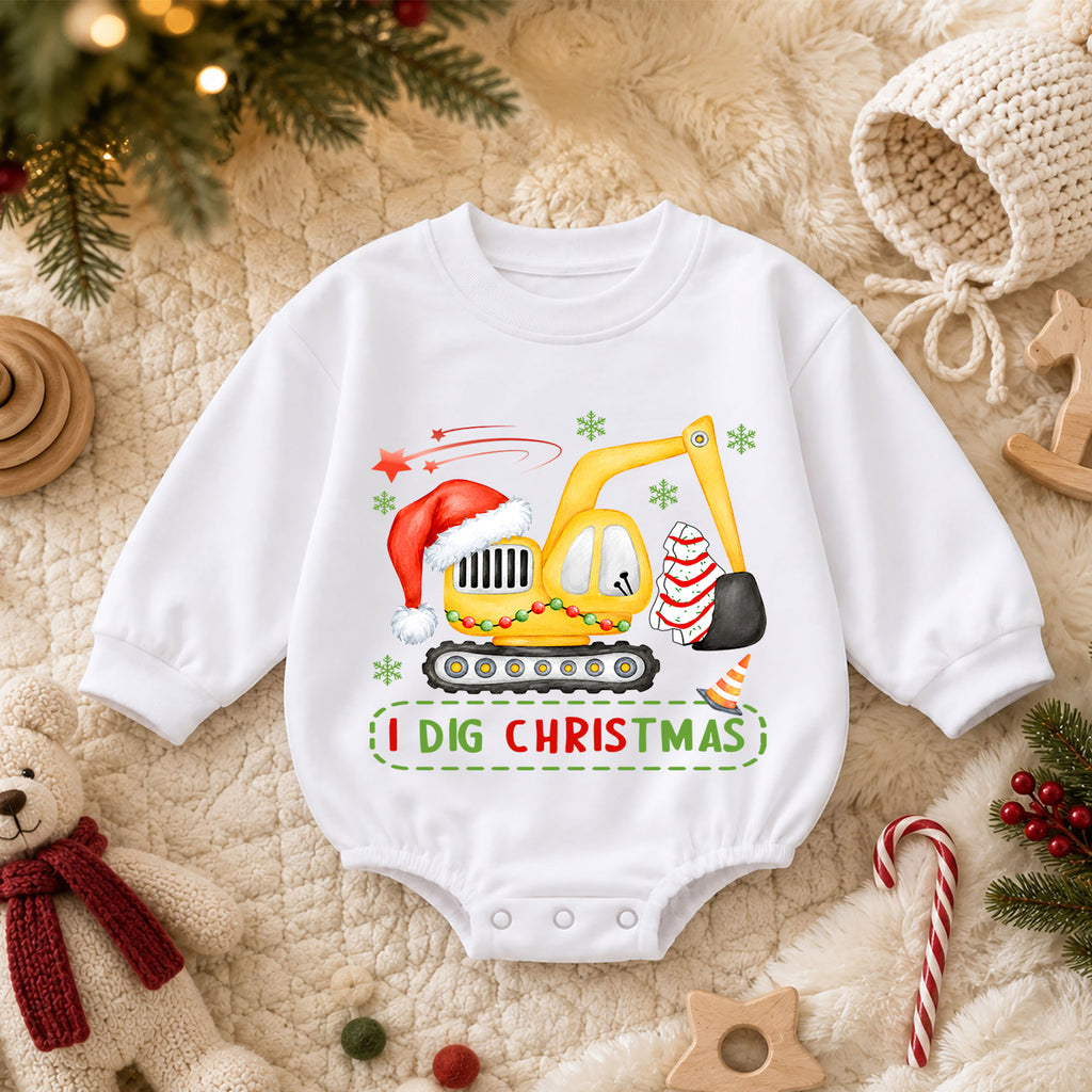 Baby Christmas Romper, I Dig Christmas Excavator Outfit, Cute Construction Holiday Romper, Toddler 1st Christmas Gift for Boys — product view 3