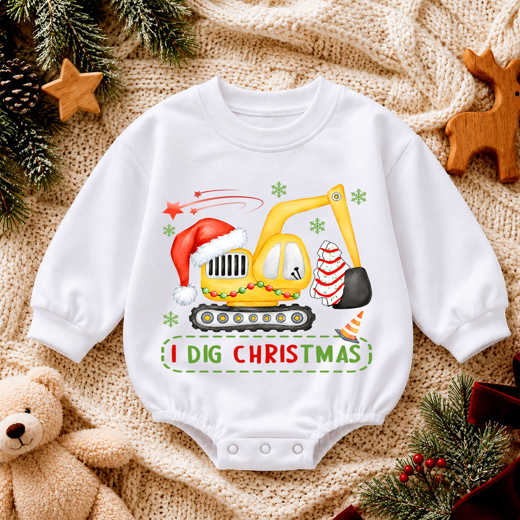 Baby Christmas Romper, I Dig Christmas Excavator Outfit, Cute Construction Holiday Romper, Toddler 1st Christmas Gift for Boys — product view 4