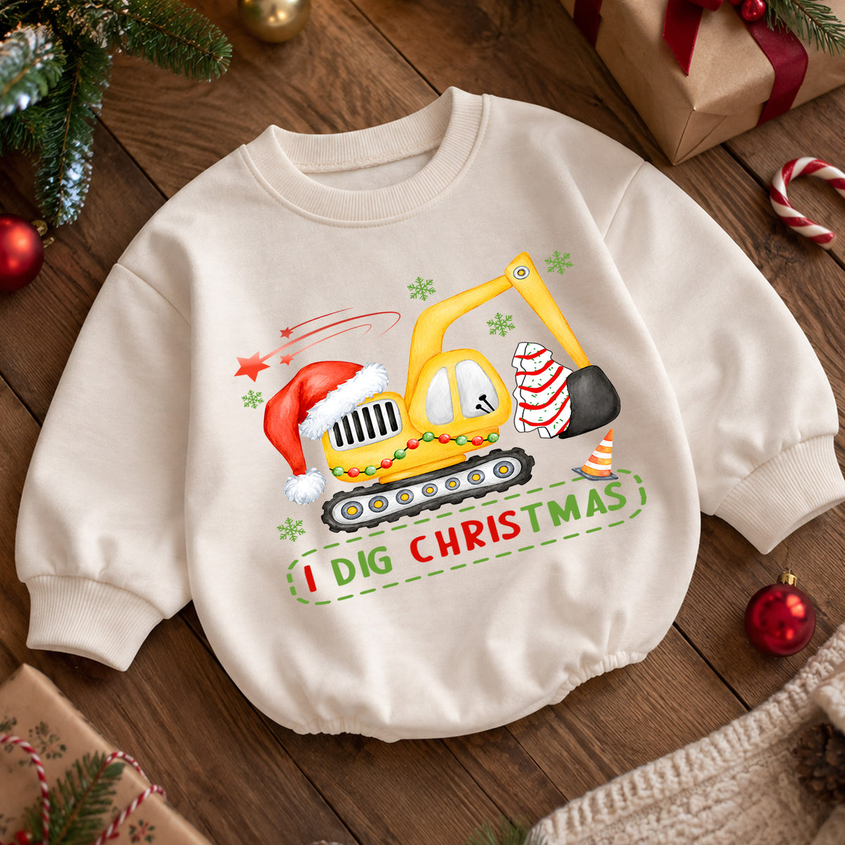 Baby Christmas Romper, I Dig Christmas Excavator Outfit, Cute Construction Holiday Romper, Toddler 1st Christmas Gift for Boys — product view 5