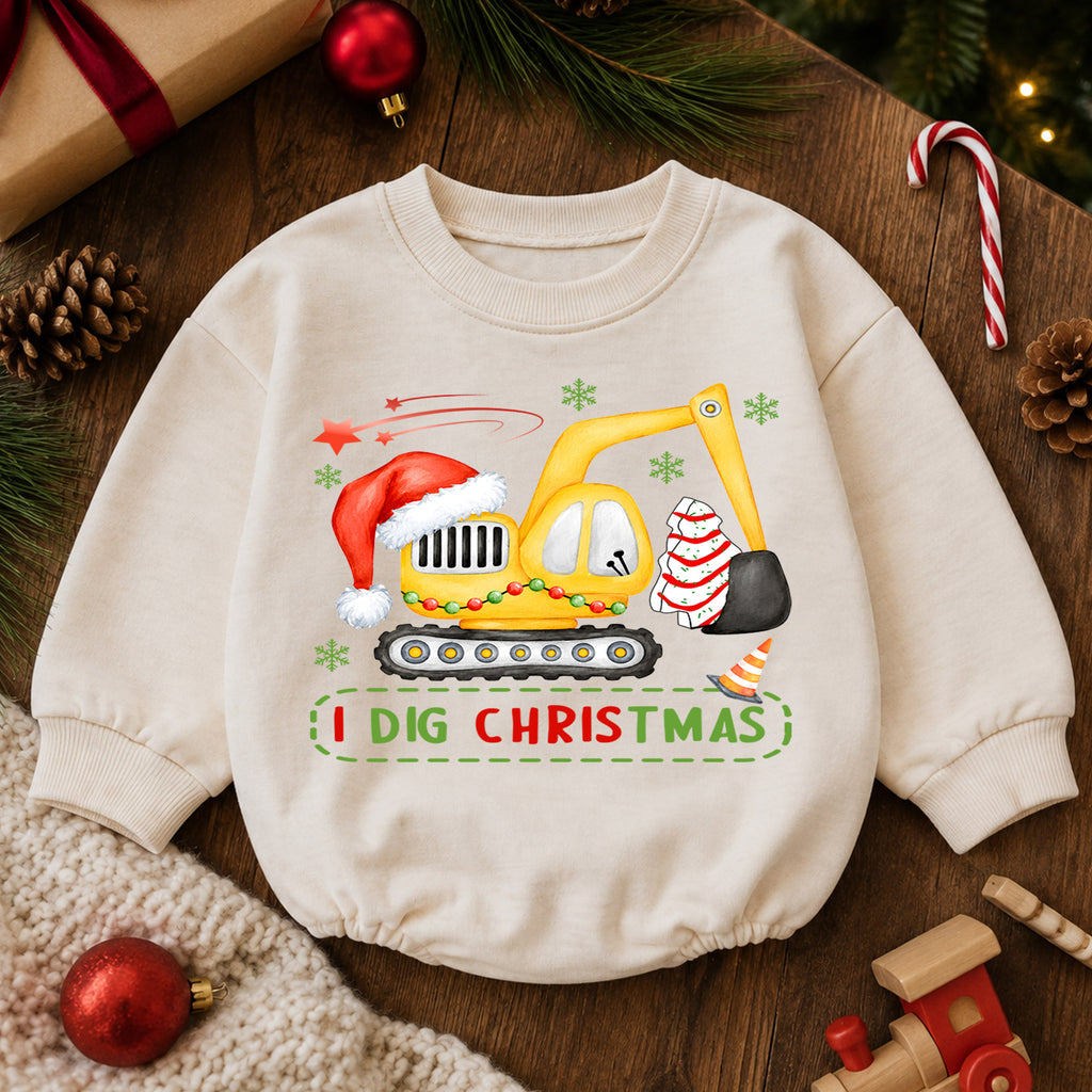 Baby Christmas Romper, I Dig Christmas Excavator Outfit, Cute Construction Holiday Romper, Toddler 1st Christmas Gift for Boys — product view 6