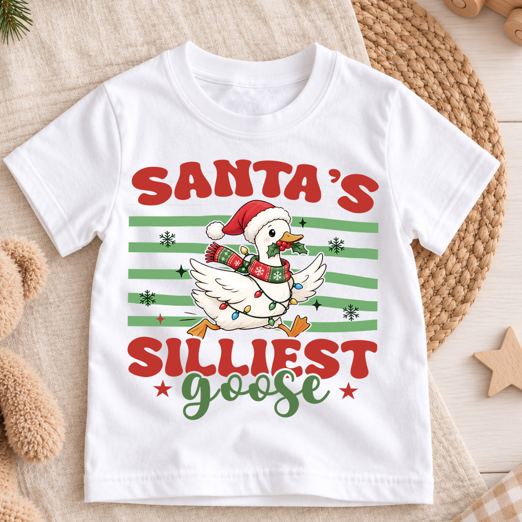Santa's Silliest Goose Kids Shirt, Funny Christmas Goose Tee, Silly Goose Holiday T Shirt, Cute Xmas Gift for Kids — product view 3