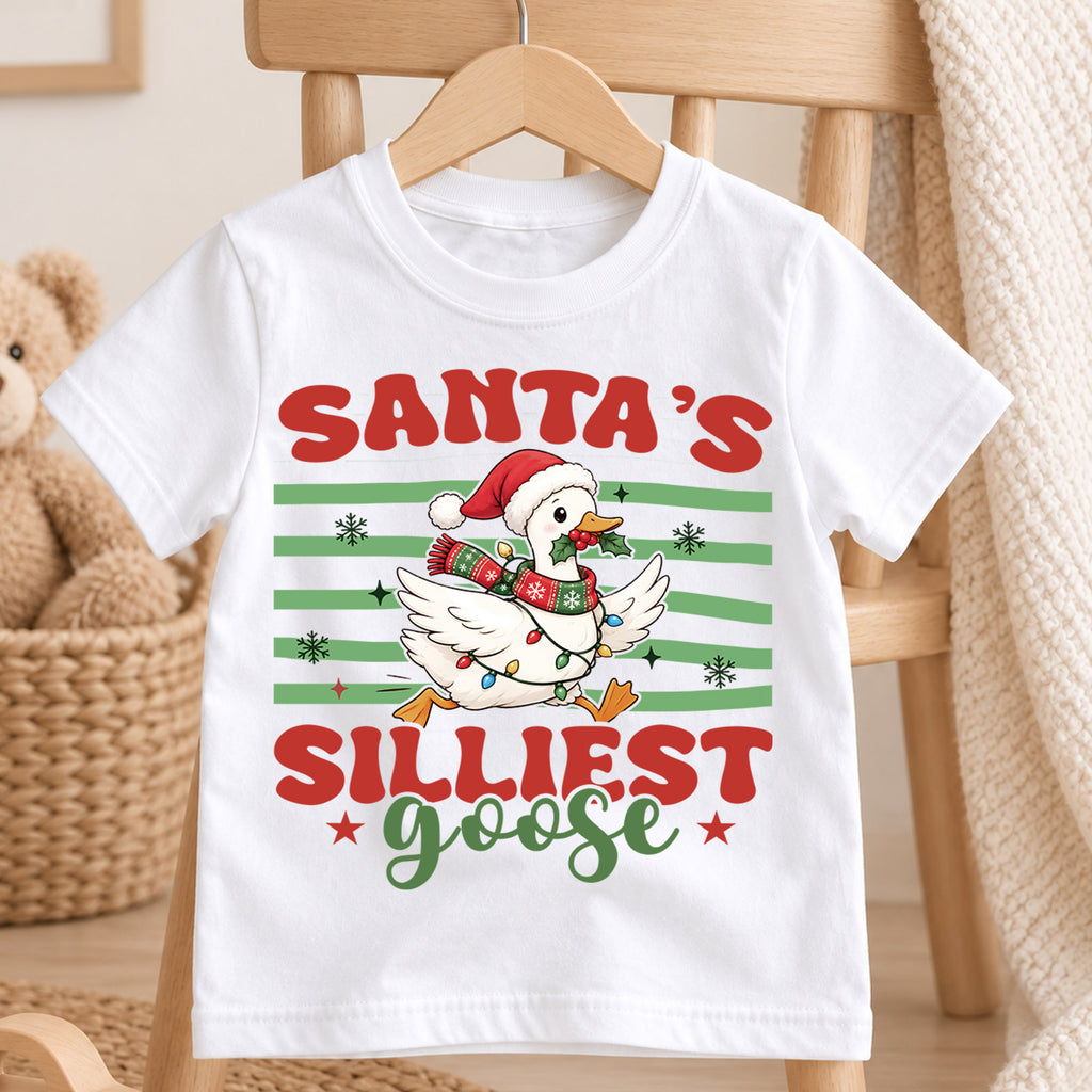 Santa's Silliest Goose Kids Shirt, Funny Christmas Goose Tee, Silly Goose Holiday T Shirt, Cute Xmas Gift for Kids — product view 4