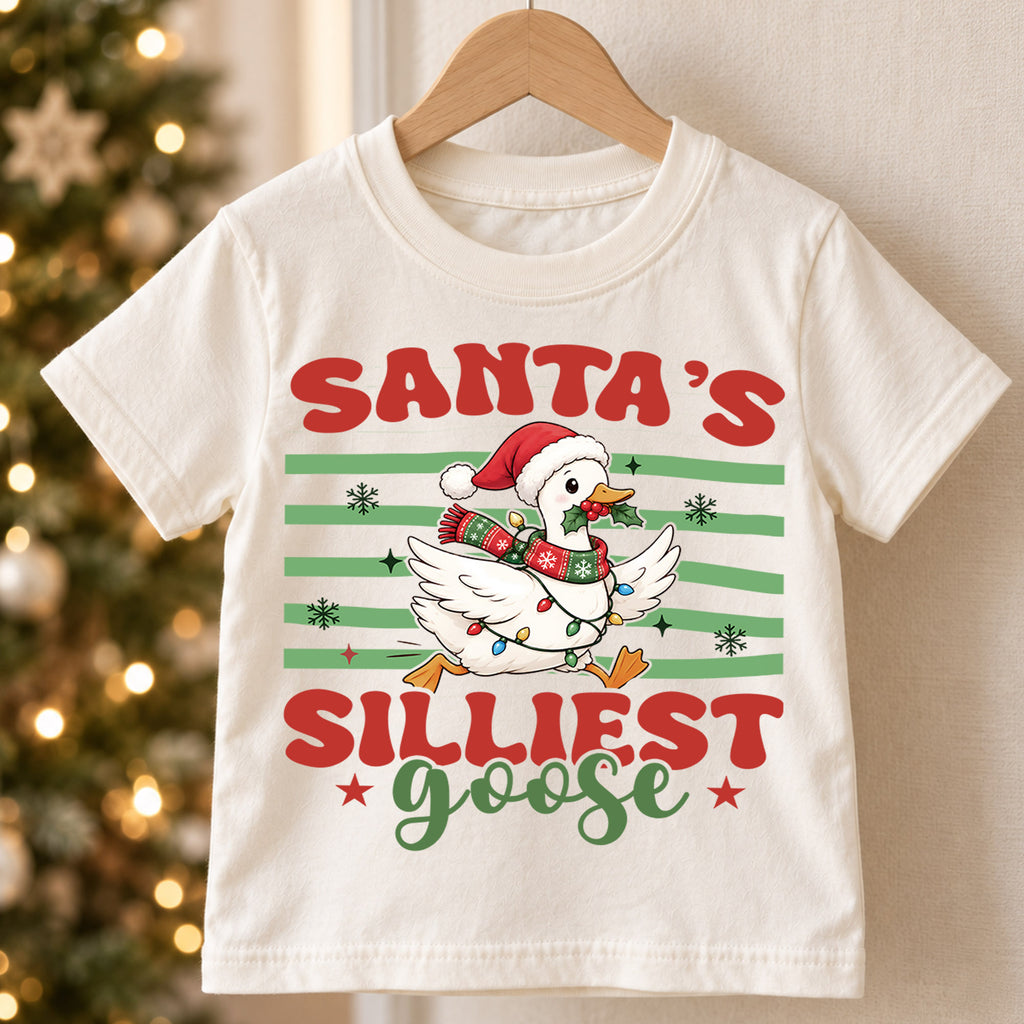 Santa's Silliest Goose Kids Shirt, Funny Christmas Goose Tee, Silly Goose Holiday T Shirt, Cute Xmas Gift for Kids — product view 5