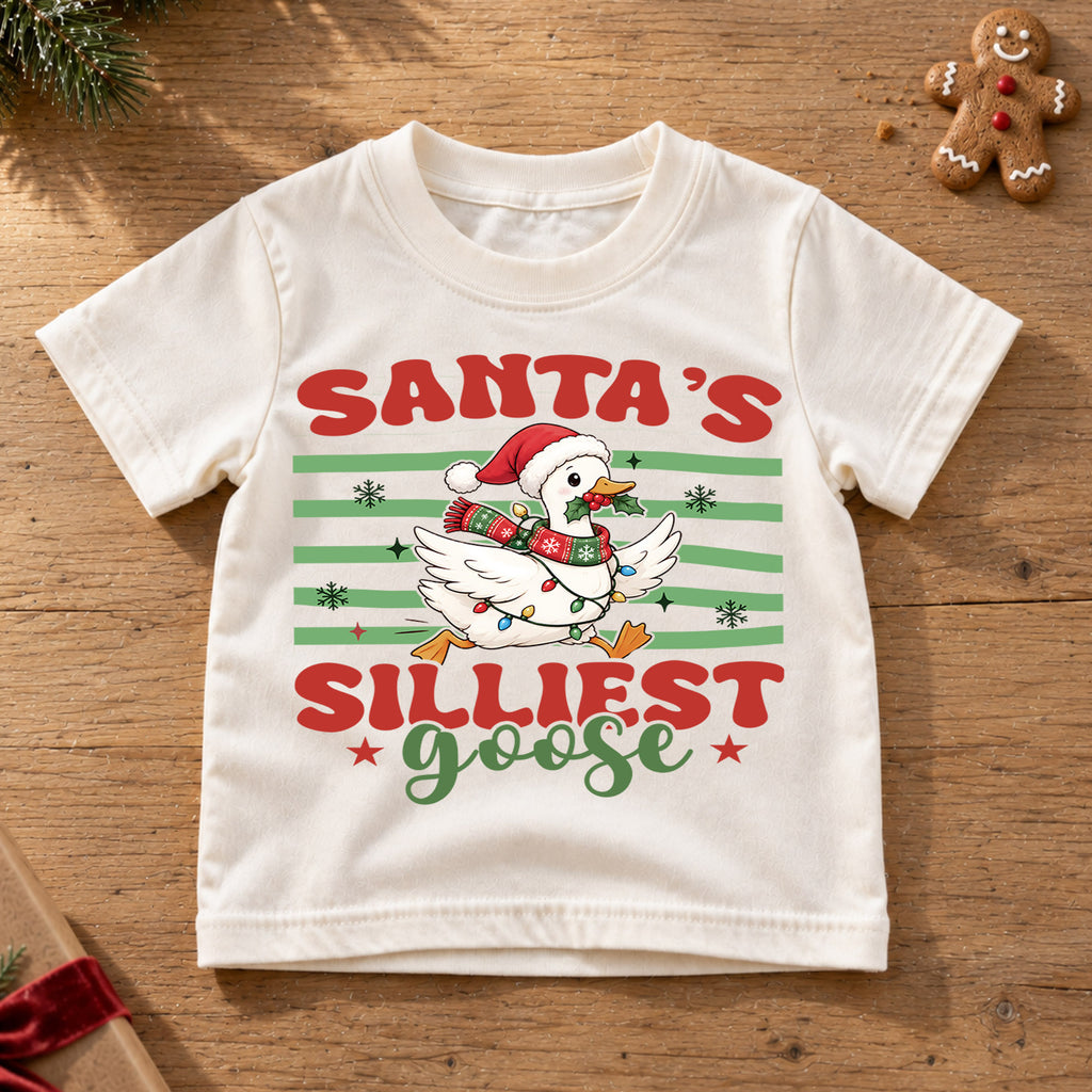Santa's Silliest Goose Kids Shirt, Funny Christmas Goose Tee, Silly Goose Holiday T Shirt, Cute Xmas Gift for Kids — product view 6