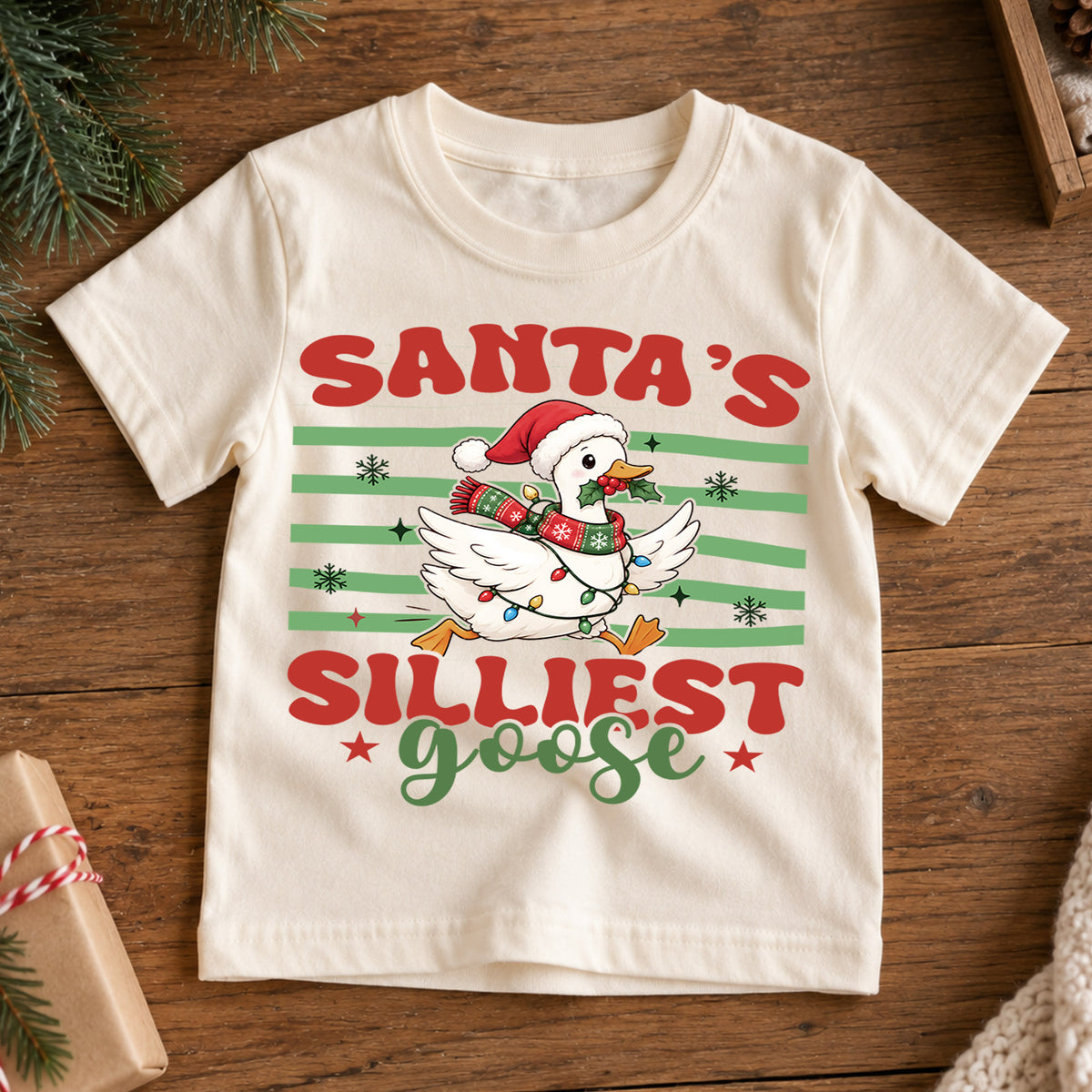 Santa's Silliest Goose Kids Shirt, Funny Christmas Goose Tee, Silly Goose Holiday T Shirt, Cute Xmas Gift for Kids — product view 7