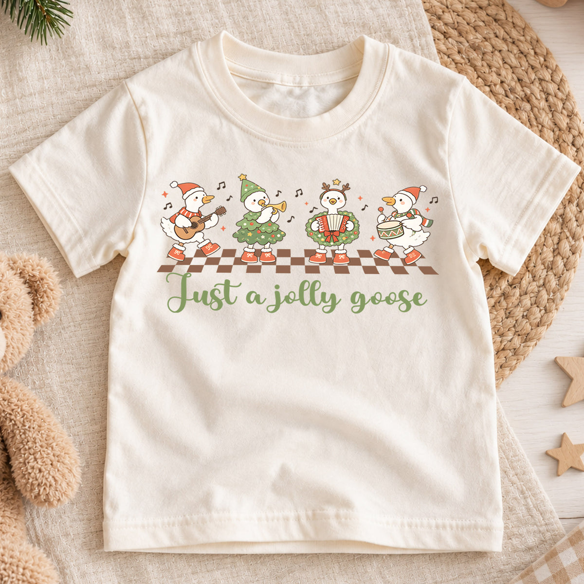 Just a Jolly Goose Kids Shirt, Christmas Goose Band Tee, Funny Musical Goose Holiday T Shirt, Xmas Gift for Kids — product view 1