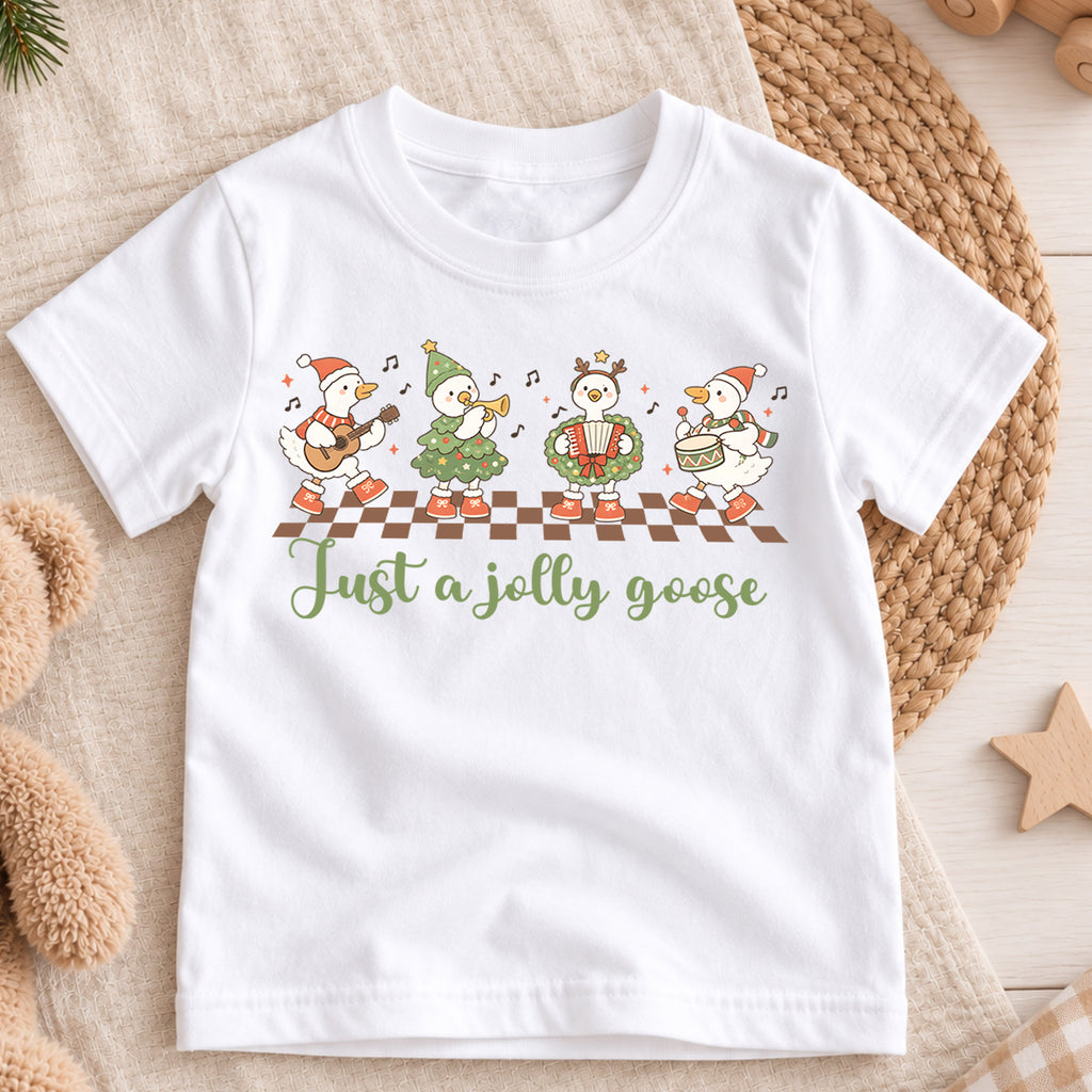 Just a Jolly Goose Kids Shirt, Christmas Goose Band Tee, Funny Musical Goose Holiday T Shirt, Xmas Gift for Kids — product view 3