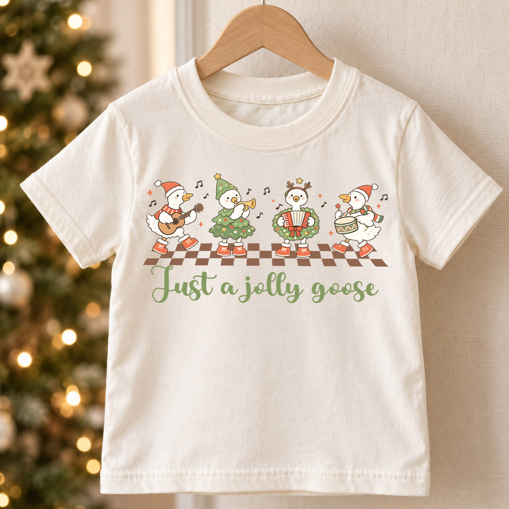 Just a Jolly Goose Kids Shirt, Christmas Goose Band Tee, Funny Musical Goose Holiday T Shirt, Xmas Gift for Kids — product view 5