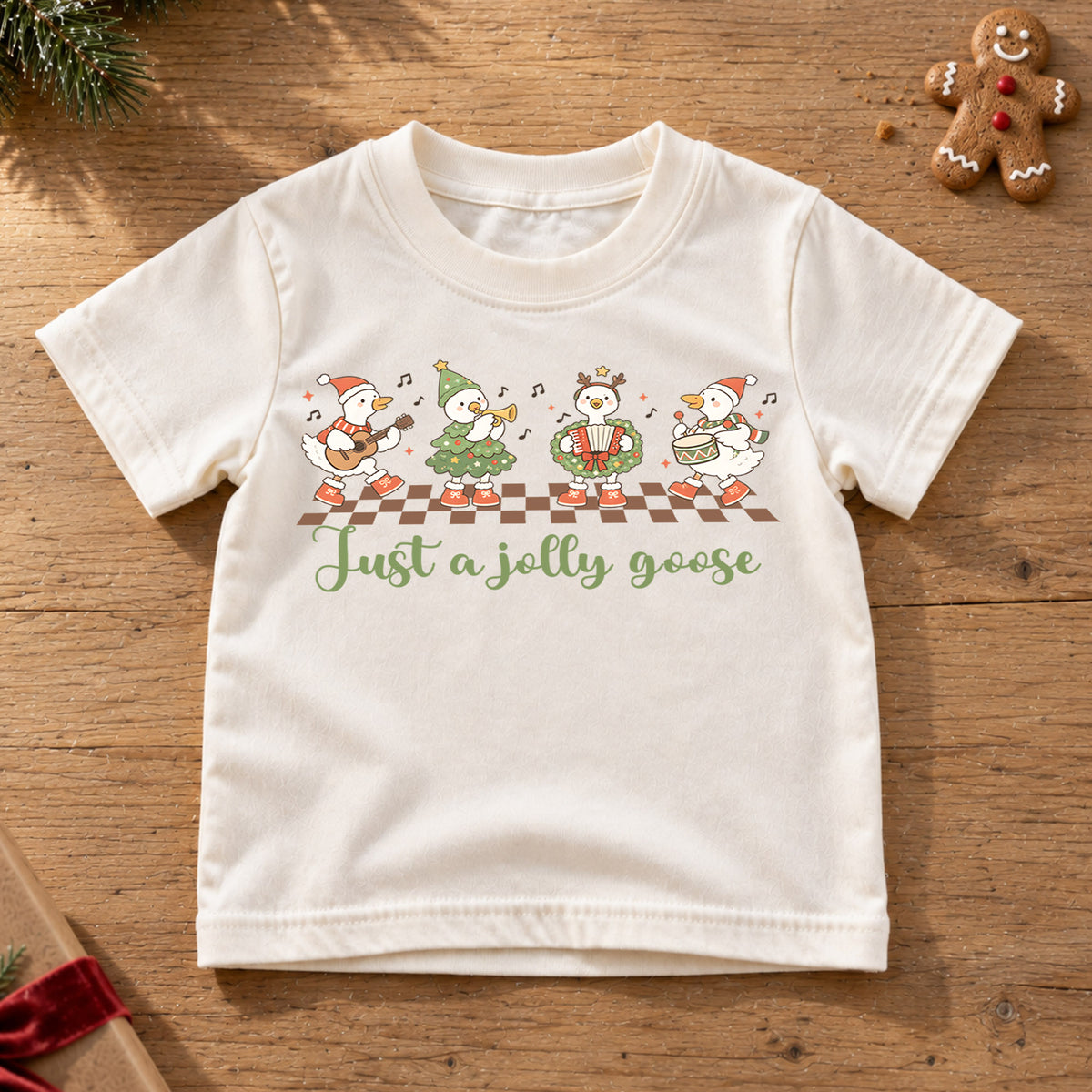 Just a Jolly Goose Kids Shirt, Christmas Goose Band Tee, Funny Musical Goose Holiday T Shirt, Xmas Gift for Kids — product view 6