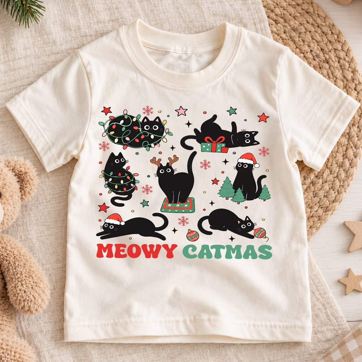Meowy Catmas Kids Shirt, Funny Black Cat Christmas Tee, Cat Tangled in Lights Holiday Shirt, Cat Lover Xmas Gift — product view 1
