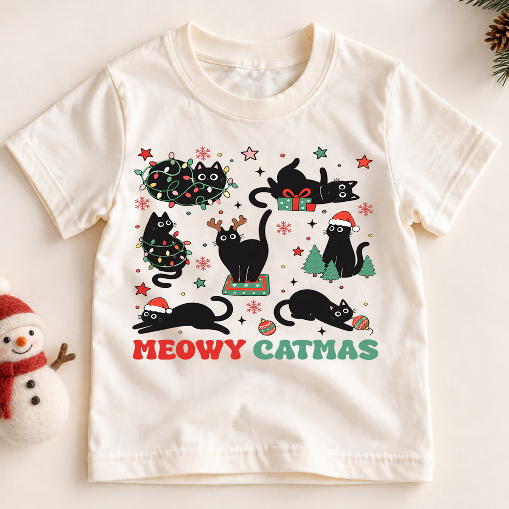 Meowy Catmas Kids Shirt, Funny Black Cat Christmas Tee, Cat Tangled in Lights Holiday Shirt, Cat Lover Xmas Gift — product view 2