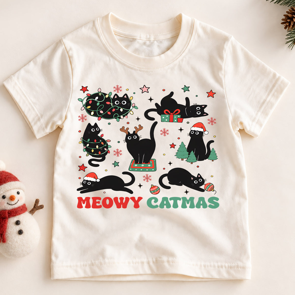 Meowy Catmas Kids Shirt, Funny Black Cat Christmas Tee, Cat Tangled in Lights Holiday Shirt, Cat Lover Xmas Gift — product view 2