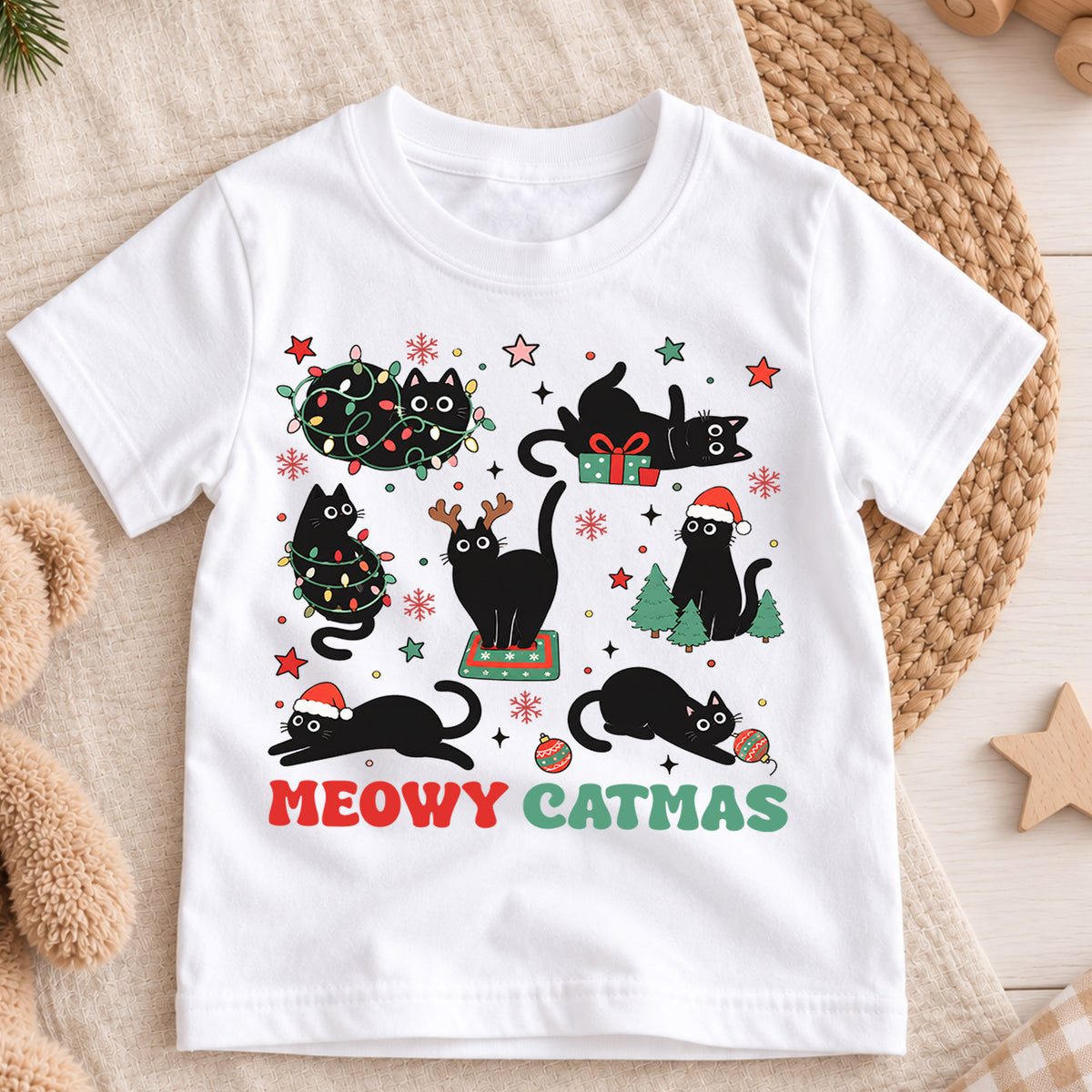 Meowy Catmas Kids Shirt, Funny Black Cat Christmas Tee, Cat Tangled in Lights Holiday Shirt, Cat Lover Xmas Gift — product view 3