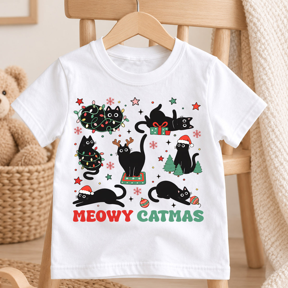 Meowy Catmas Kids Shirt, Funny Black Cat Christmas Tee, Cat Tangled in Lights Holiday Shirt, Cat Lover Xmas Gift — product view 4