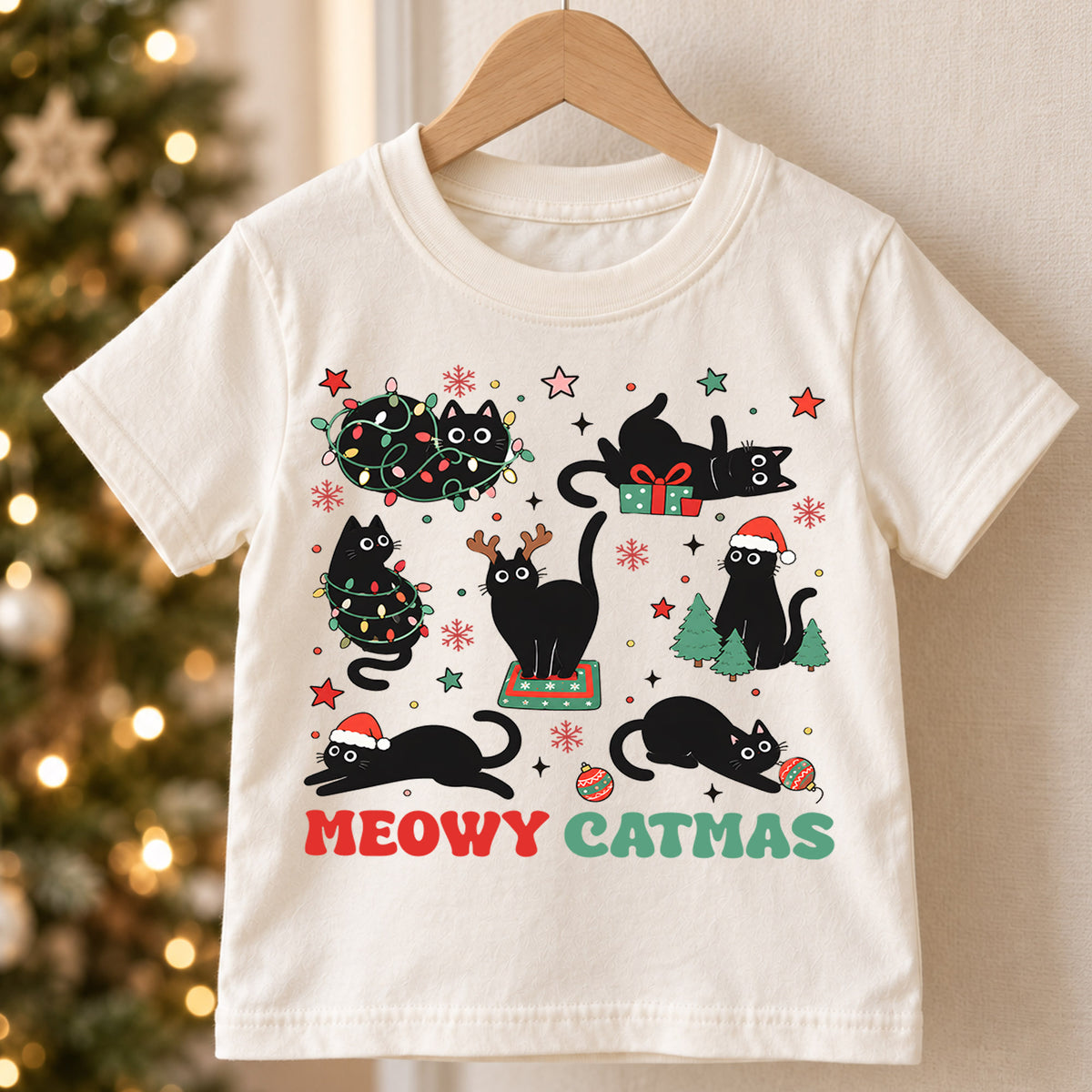 Meowy Catmas Kids Shirt, Funny Black Cat Christmas Tee, Cat Tangled in Lights Holiday Shirt, Cat Lover Xmas Gift — product view 5
