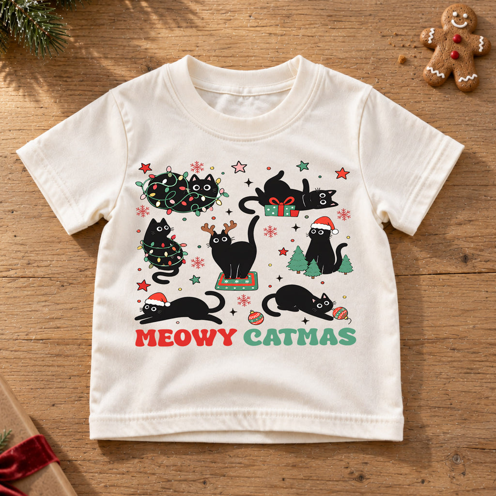 Meowy Catmas Kids Shirt, Funny Black Cat Christmas Tee, Cat Tangled in Lights Holiday Shirt, Cat Lover Xmas Gift — product view 6