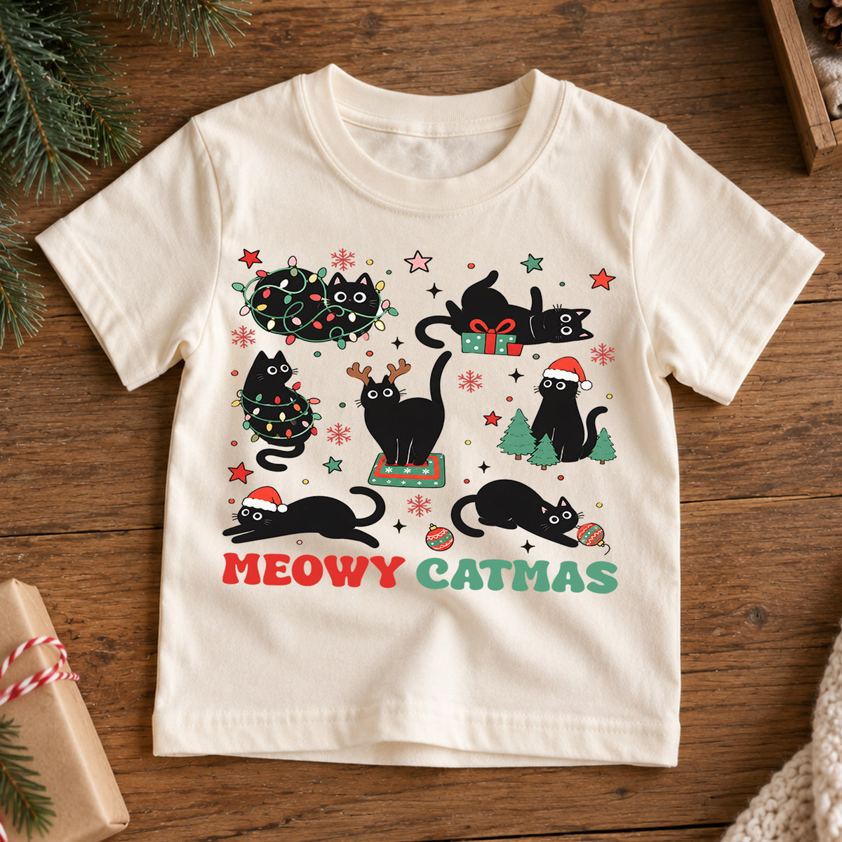 Meowy Catmas Kids Shirt, Funny Black Cat Christmas Tee, Cat Tangled in Lights Holiday Shirt, Cat Lover Xmas Gift — product view 7