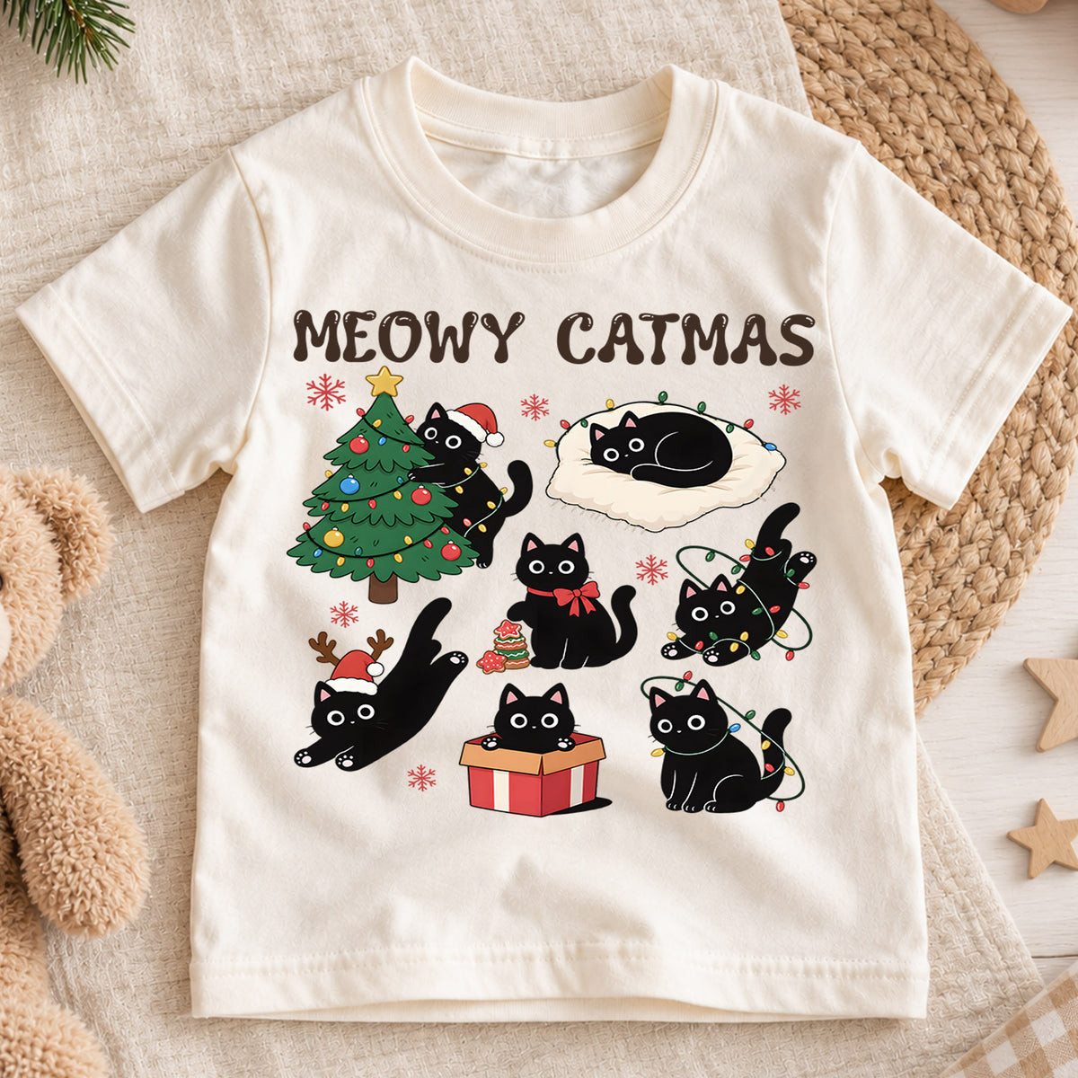 Meowy Catmas Black Cat Kids Shirt, Funny Christmas Cat Tee, Holiday Kitty T Shirt, Cute Xmas Gift for Cat Lovers — product view 1