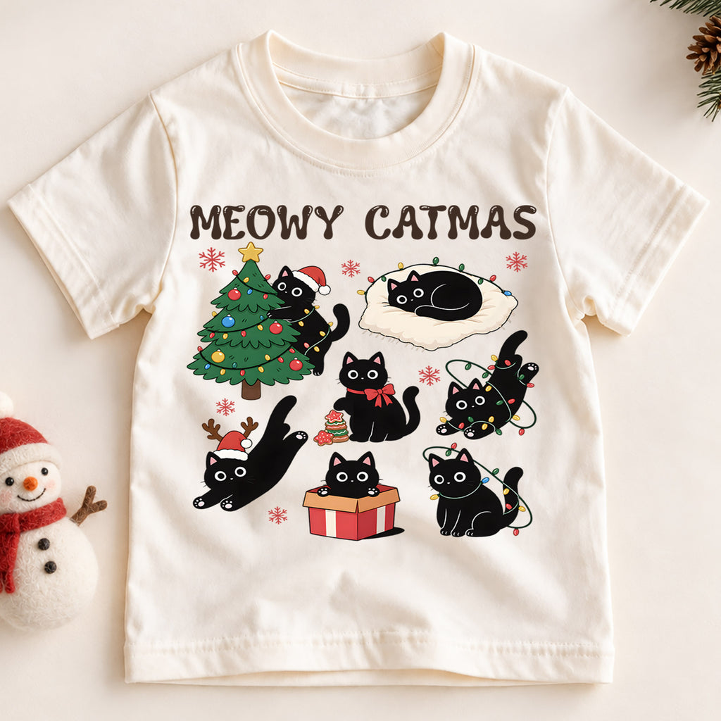 Meowy Catmas Black Cat Kids Shirt, Funny Christmas Cat Tee, Holiday Kitty T Shirt, Cute Xmas Gift for Cat Lovers — product view 2