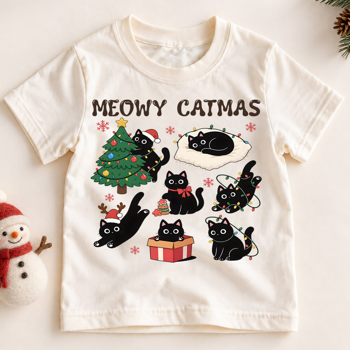 Meowy Catmas Black Cat Kids Shirt, Funny Christmas Cat Tee, Holiday Kitty T Shirt, Cute Xmas Gift for Cat Lovers — product view 2
