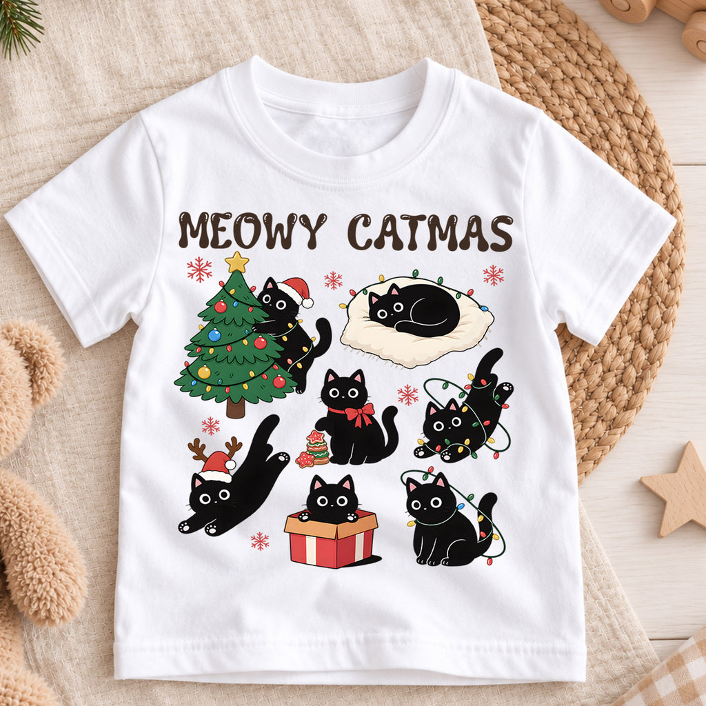 Meowy Catmas Black Cat Kids Shirt, Funny Christmas Cat Tee, Holiday Kitty T Shirt, Cute Xmas Gift for Cat Lovers — product view 3