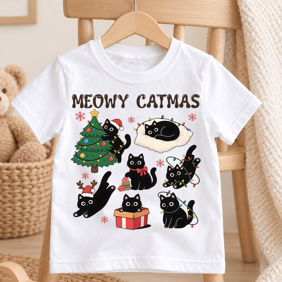 Meowy Catmas Black Cat Kids Shirt, Funny Christmas Cat Tee, Holiday Kitty T Shirt, Cute Xmas Gift for Cat Lovers — product view 4