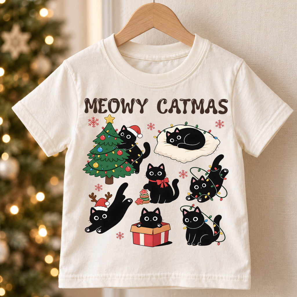 Meowy Catmas Black Cat Kids Shirt, Funny Christmas Cat Tee, Holiday Kitty T Shirt, Cute Xmas Gift for Cat Lovers — product view 5