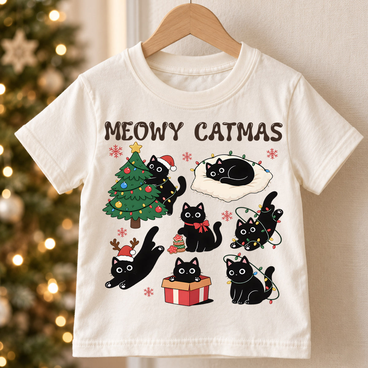 Meowy Catmas Black Cat Kids Shirt, Funny Christmas Cat Tee, Holiday Kitty T Shirt, Cute Xmas Gift for Cat Lovers — product view 5