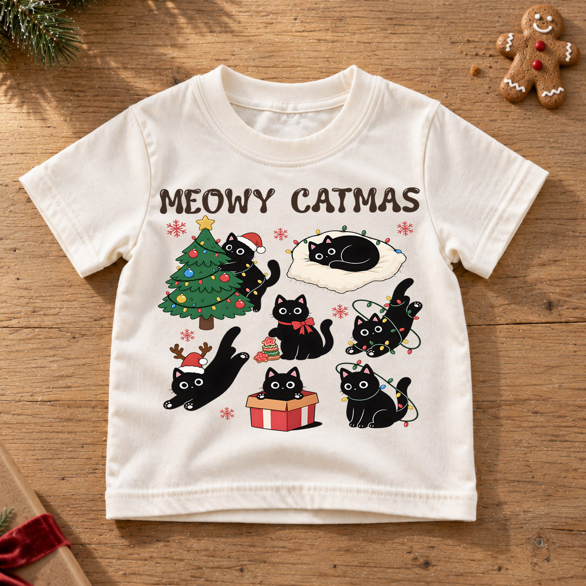 Meowy Catmas Black Cat Kids Shirt, Funny Christmas Cat Tee, Holiday Kitty T Shirt, Cute Xmas Gift for Cat Lovers — product view 6